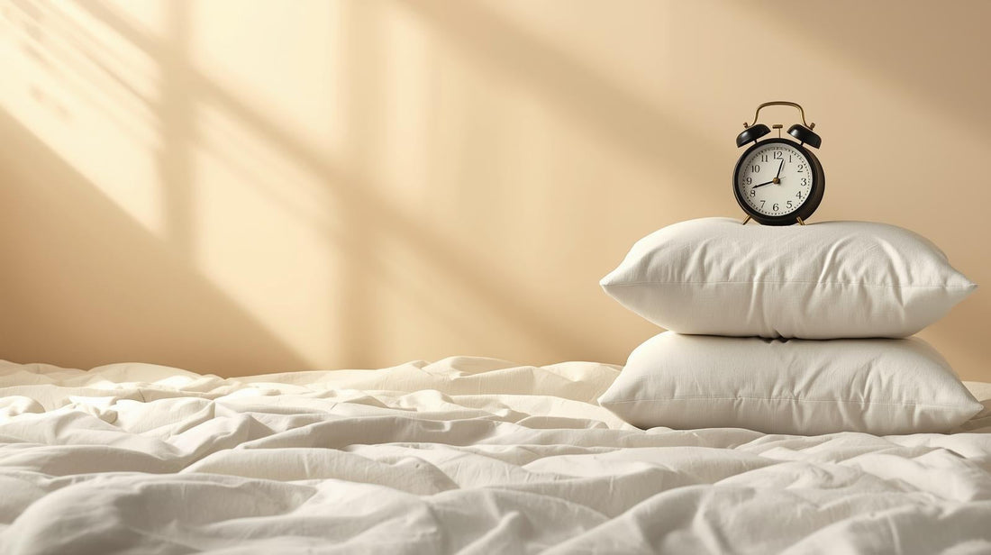 Cozy white pillows and alarm clock in warm golden light, symbolising better sleep routines for longevity.